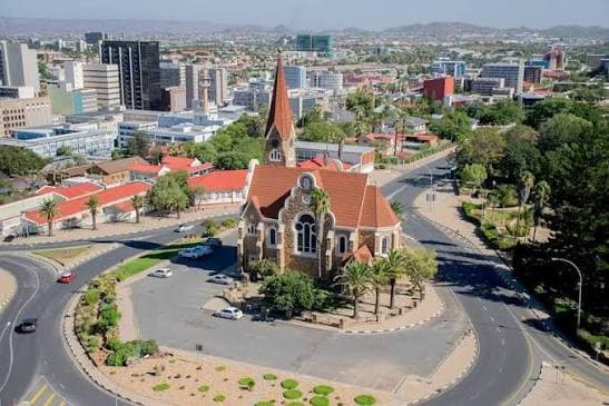 An aerial view of Windhoek, Namibia, with the Christuskirche landmark at its centre