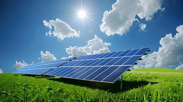 A solar panel array in an open field under a bright sky